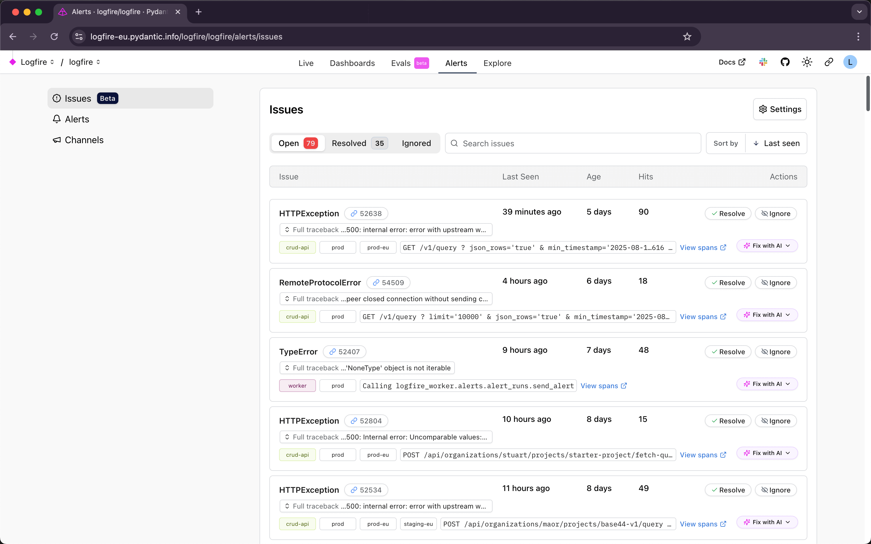 Logfire issues screen