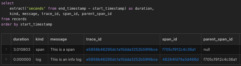 Query in Explore view: select extract('seconds' from end_timestamp - start_timestamp) as duration, kind, message, trace_id, span_id, parent_span_id from records order by start_timestamp